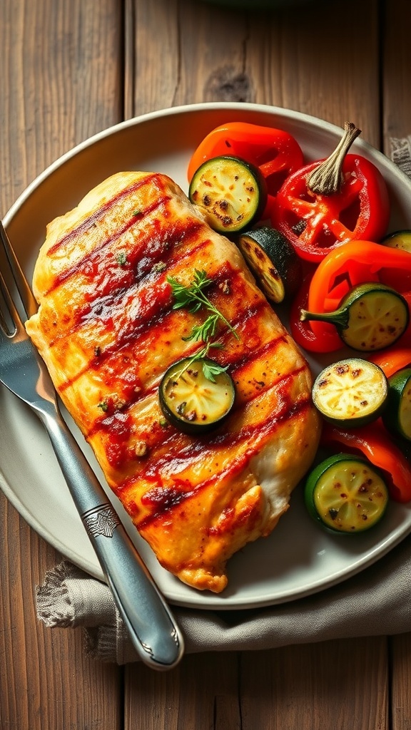 Air fryer chicken breast with roasted bell peppers and zucchini on a rustic table.